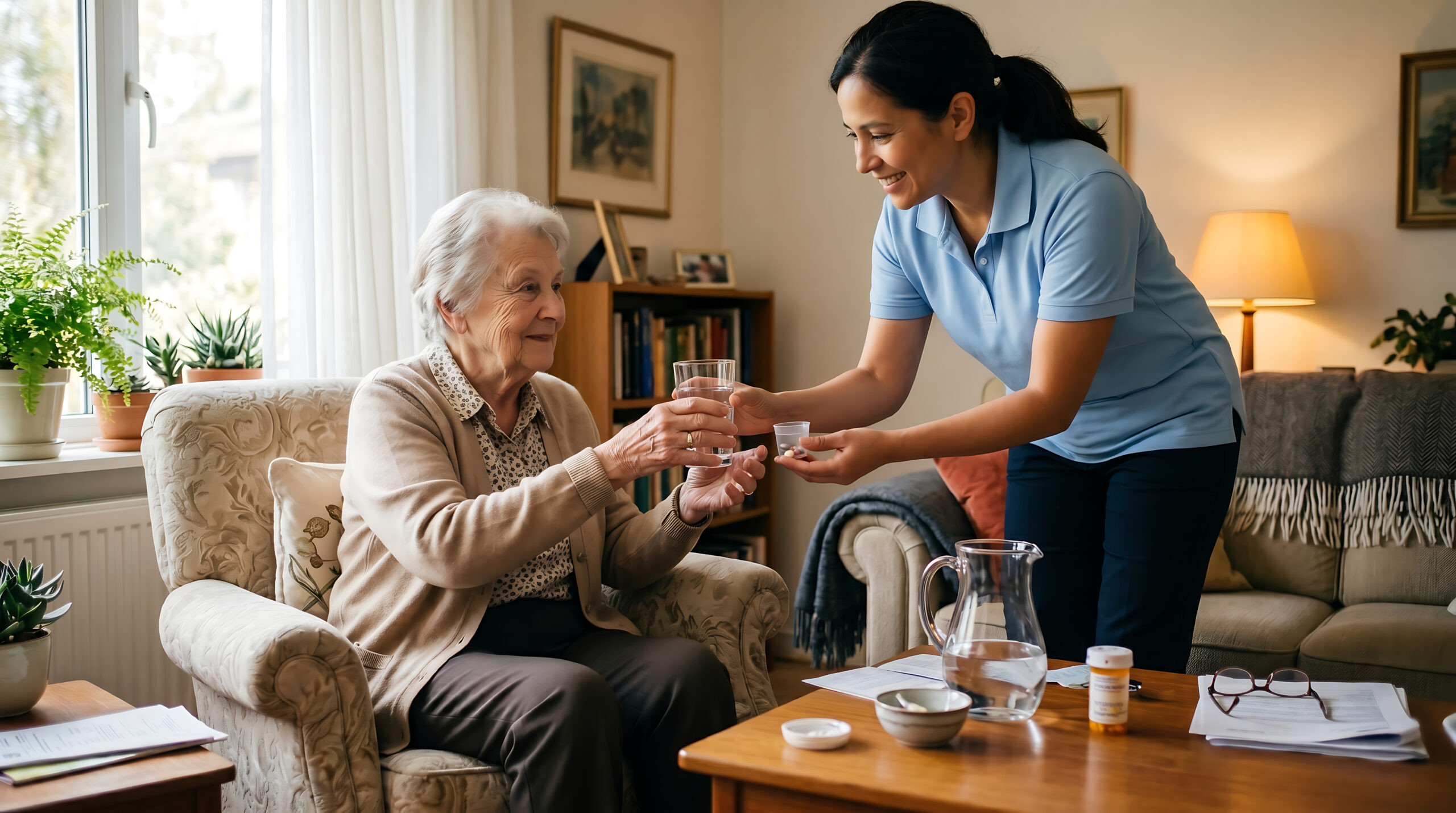 smiling young female caregiver providing medication and a glass of water to an elderly senior woman sitting in an armchair at home for professional geriatric healthcare service