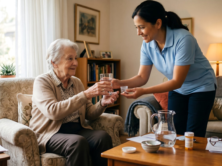 smiling young female caregiver providing medication and a glass of water to an elderly senior woman sitting in an armchair at home for professional geriatric healthcare service